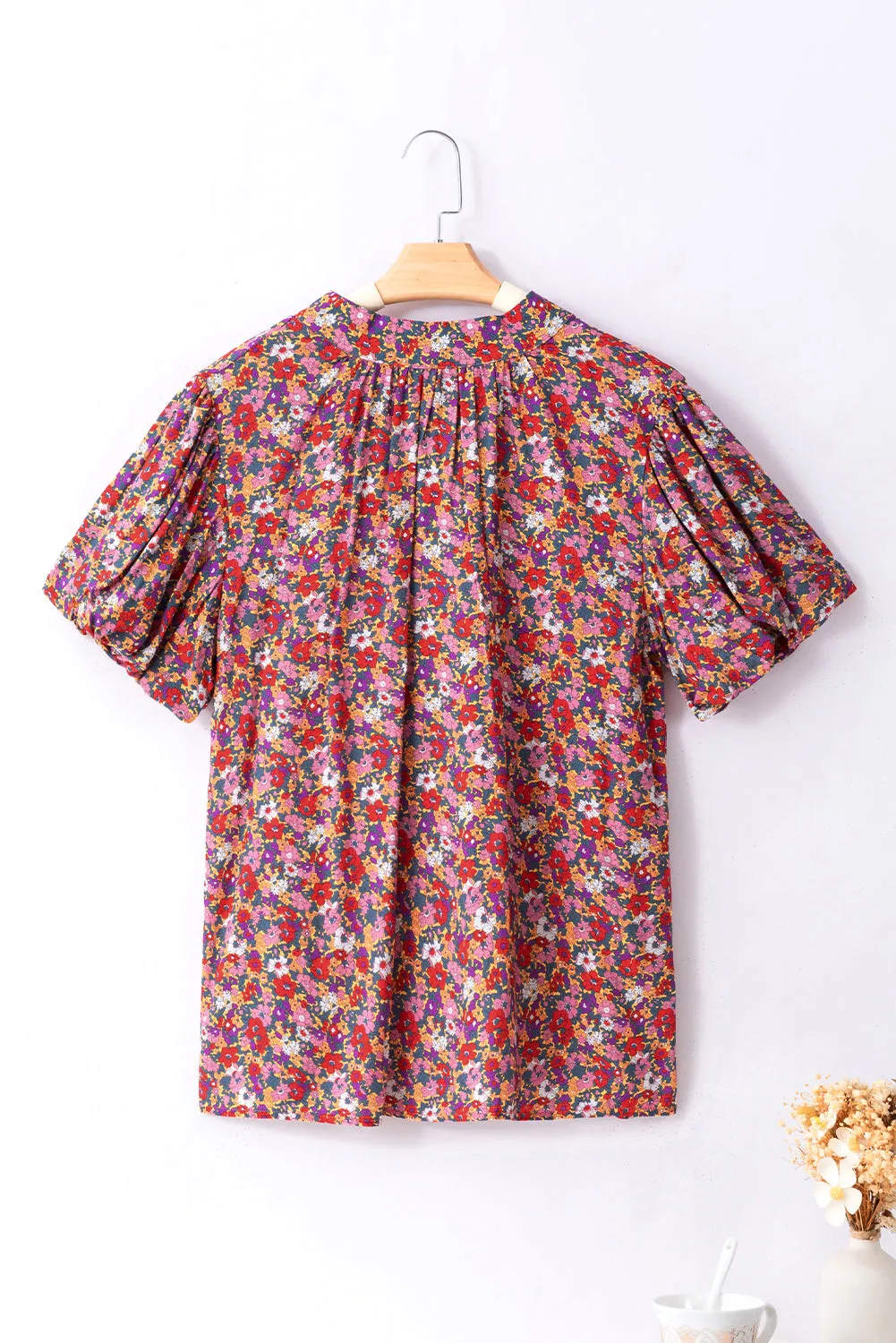 Purple Boho Floral Print Mock Neck Puff Sleeve Blouse