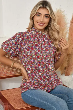 Purple Boho Floral Print Mock Neck Puff Sleeve Blouse