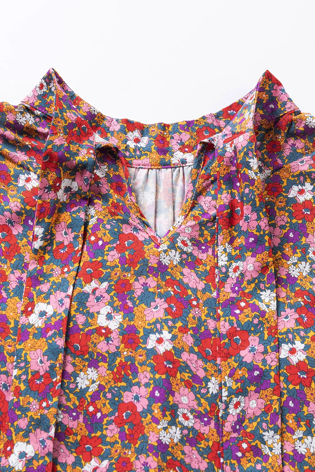 Purple Boho Floral Print Mock Neck Puff Sleeve Blouse