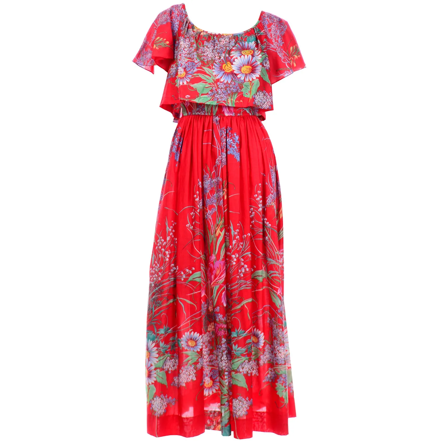 Red Floral Cotton Vintage 1970s Maxi Dress