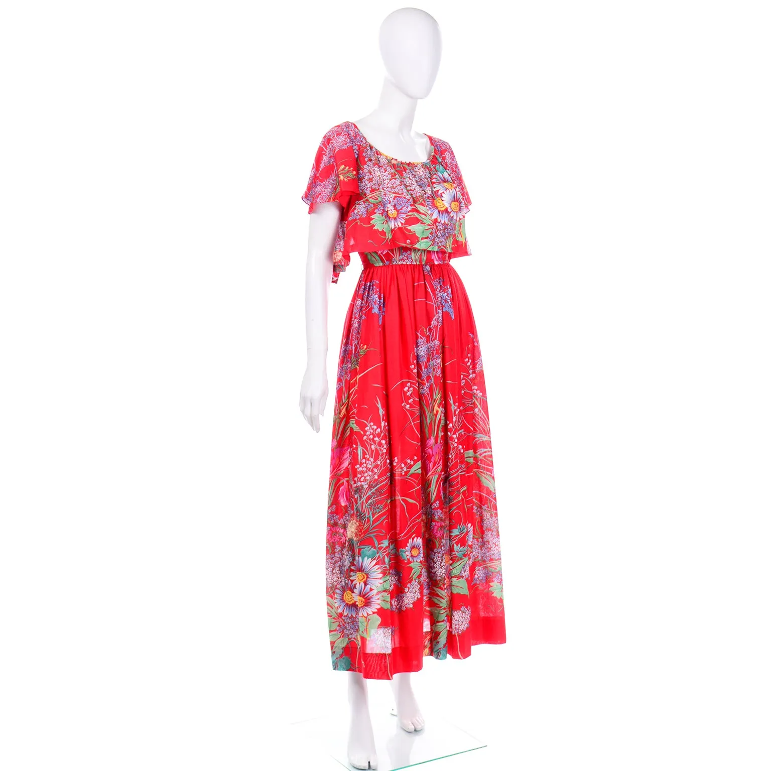 Red Floral Cotton Vintage 1970s Maxi Dress