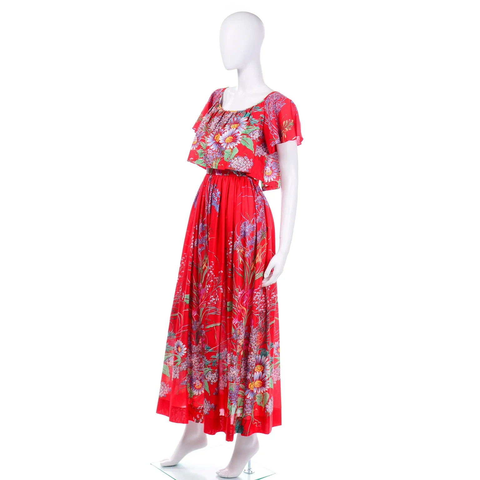 Red Floral Cotton Vintage 1970s Maxi Dress