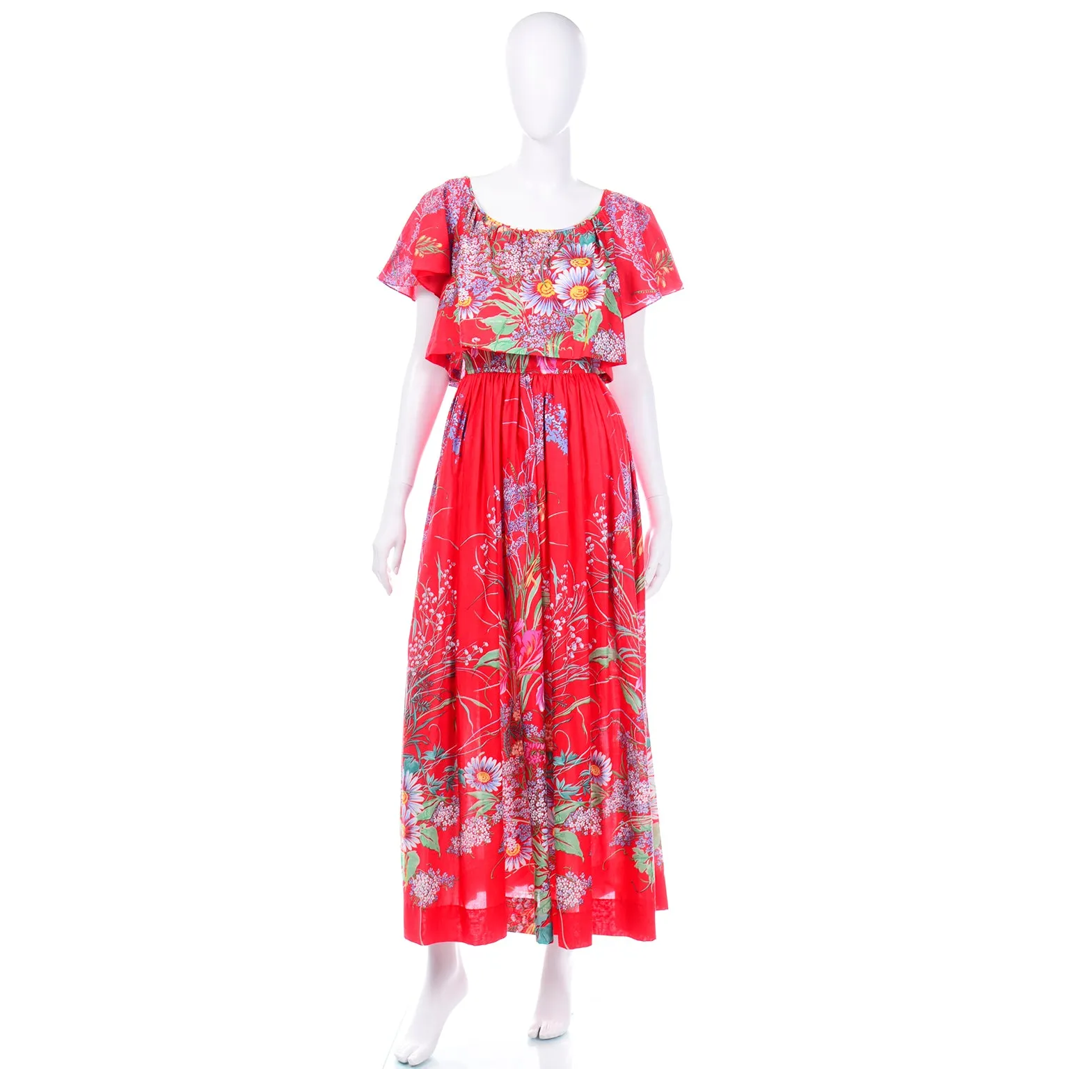 Red Floral Cotton Vintage 1970s Maxi Dress