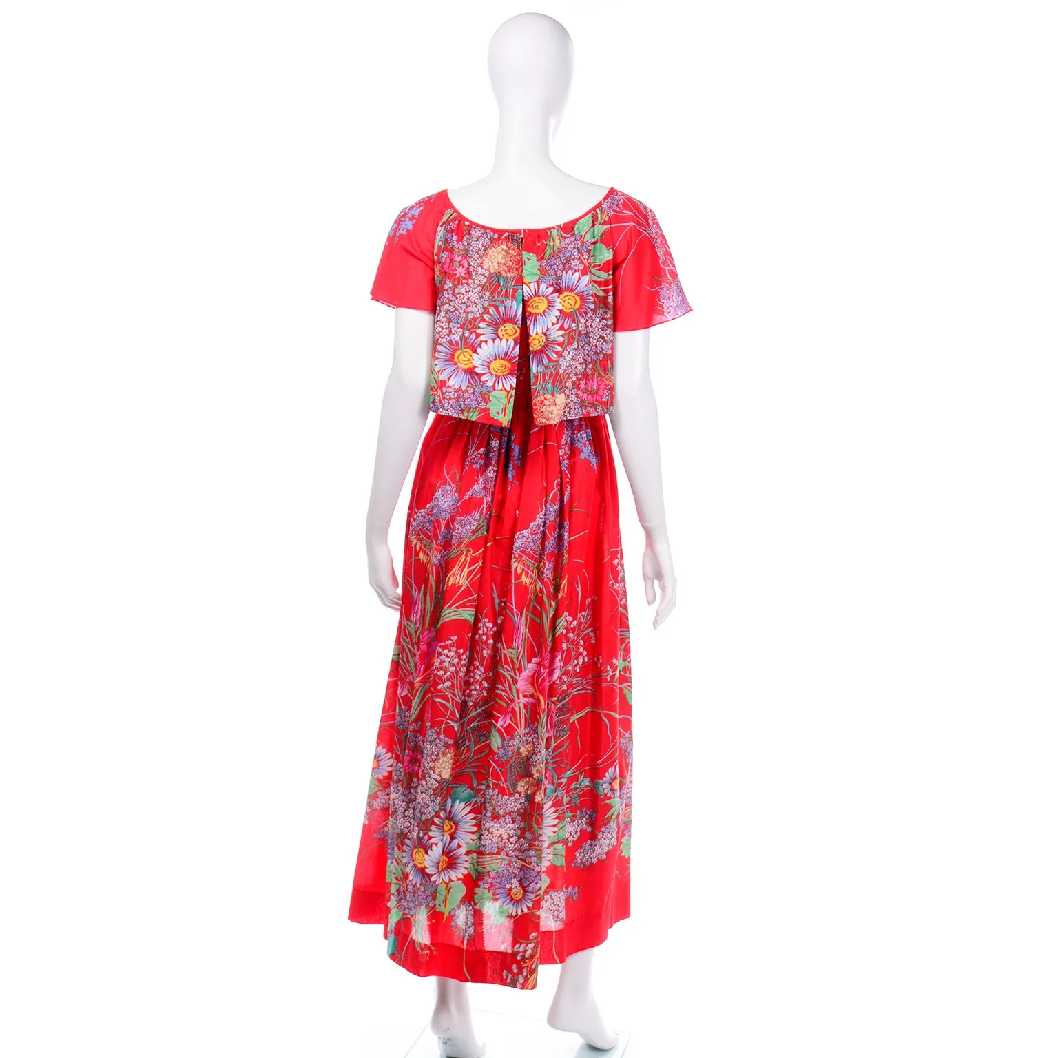 Red Floral Cotton Vintage 1970s Maxi Dress