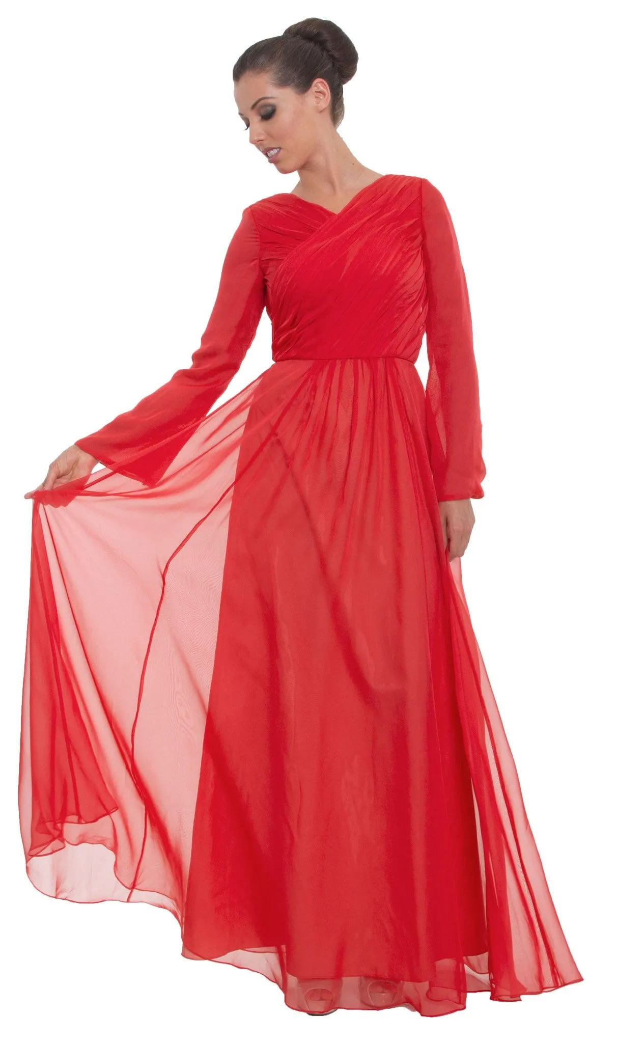 Saba Long Sleeve Silk Chiffon Modest Muslim Formal Evening Dress - Coral Pink - FINAL SALE