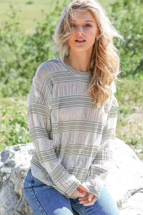 Sage Crochet Stripe Long Sleeve Semi-Sheer Top /2-2-2