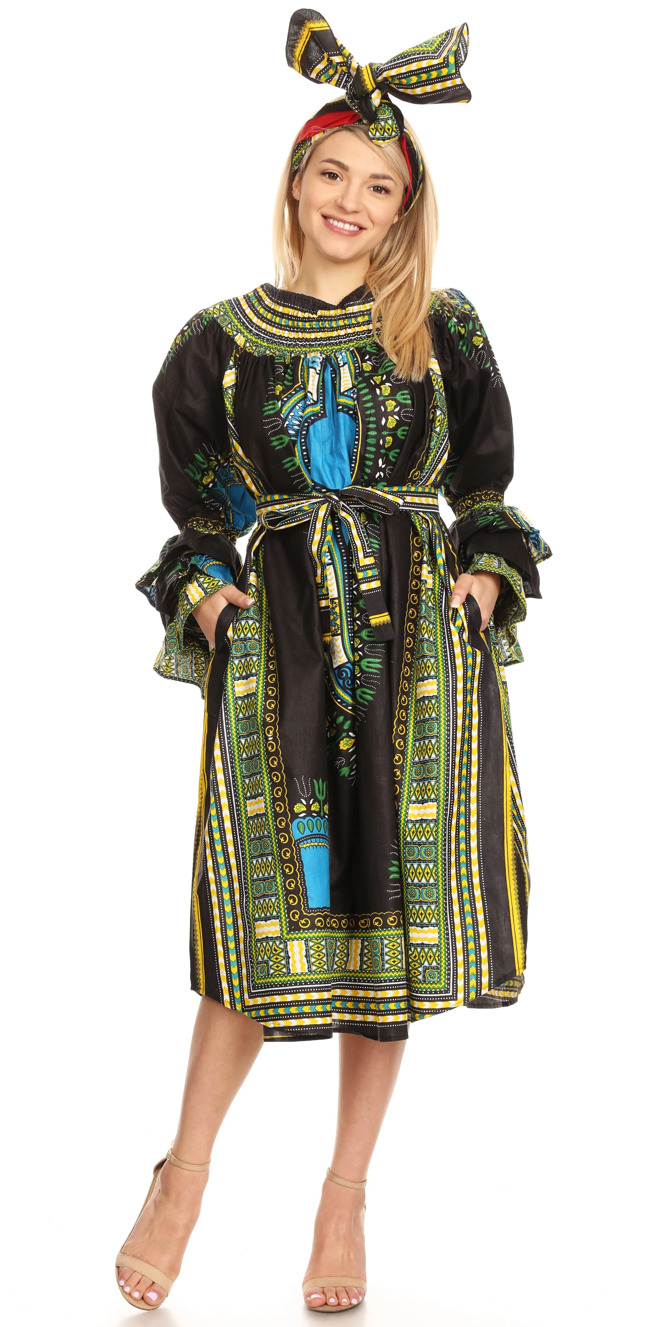 Sakkas Marta Women's Long Sleeve Off Shoulder Cocktail African Dashiki Midi Dress