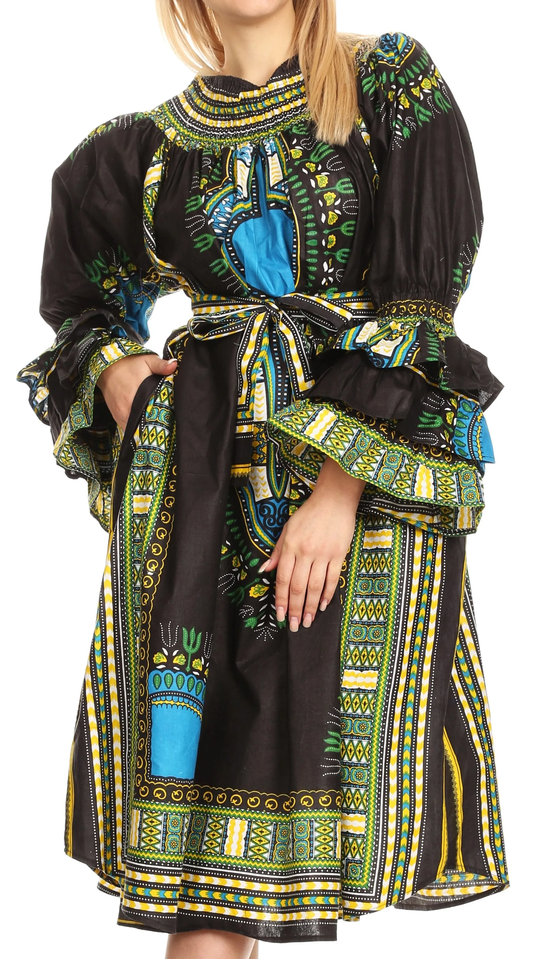 Sakkas Marta Women's Long Sleeve Off Shoulder Cocktail African Dashiki Midi Dress