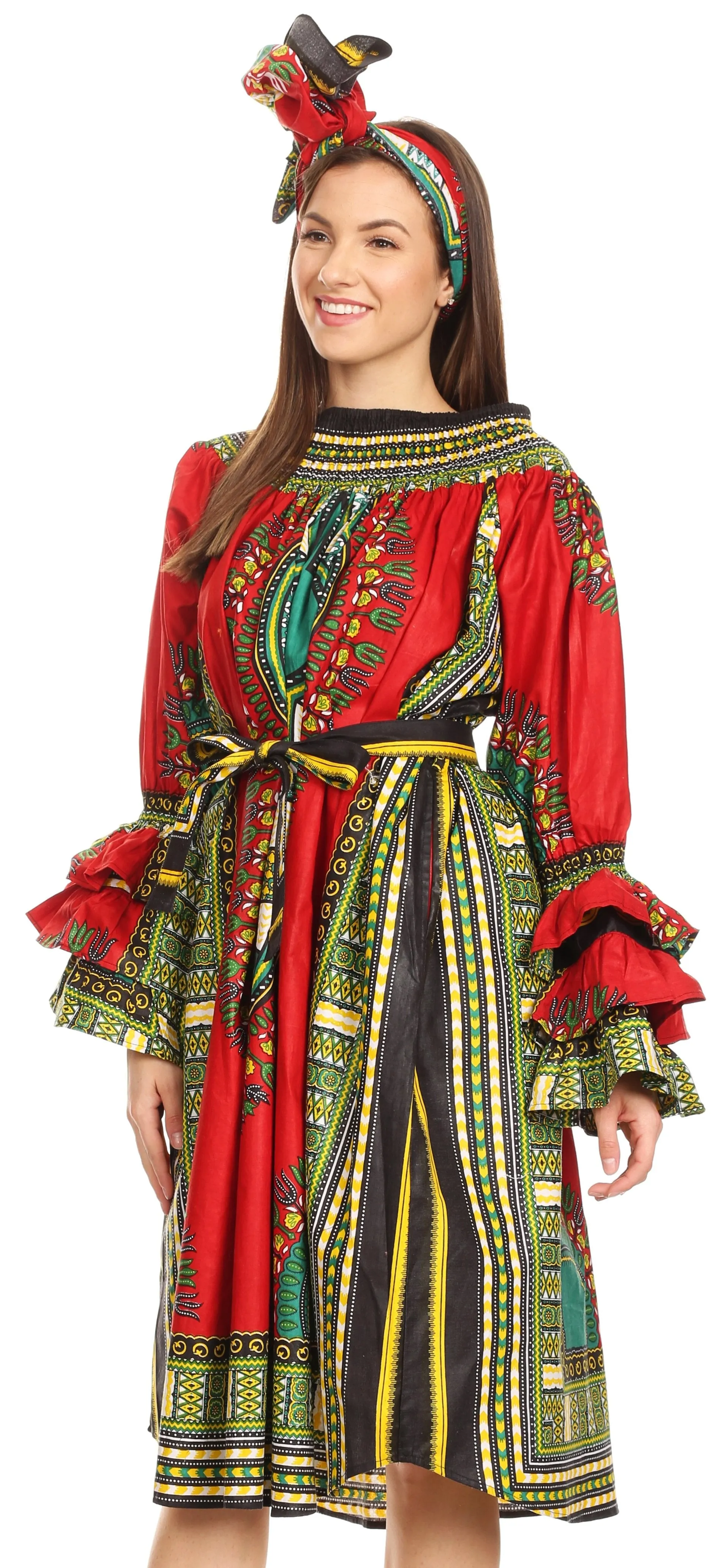 Sakkas Marta Women's Long Sleeve Off Shoulder Cocktail African Dashiki Midi Dress