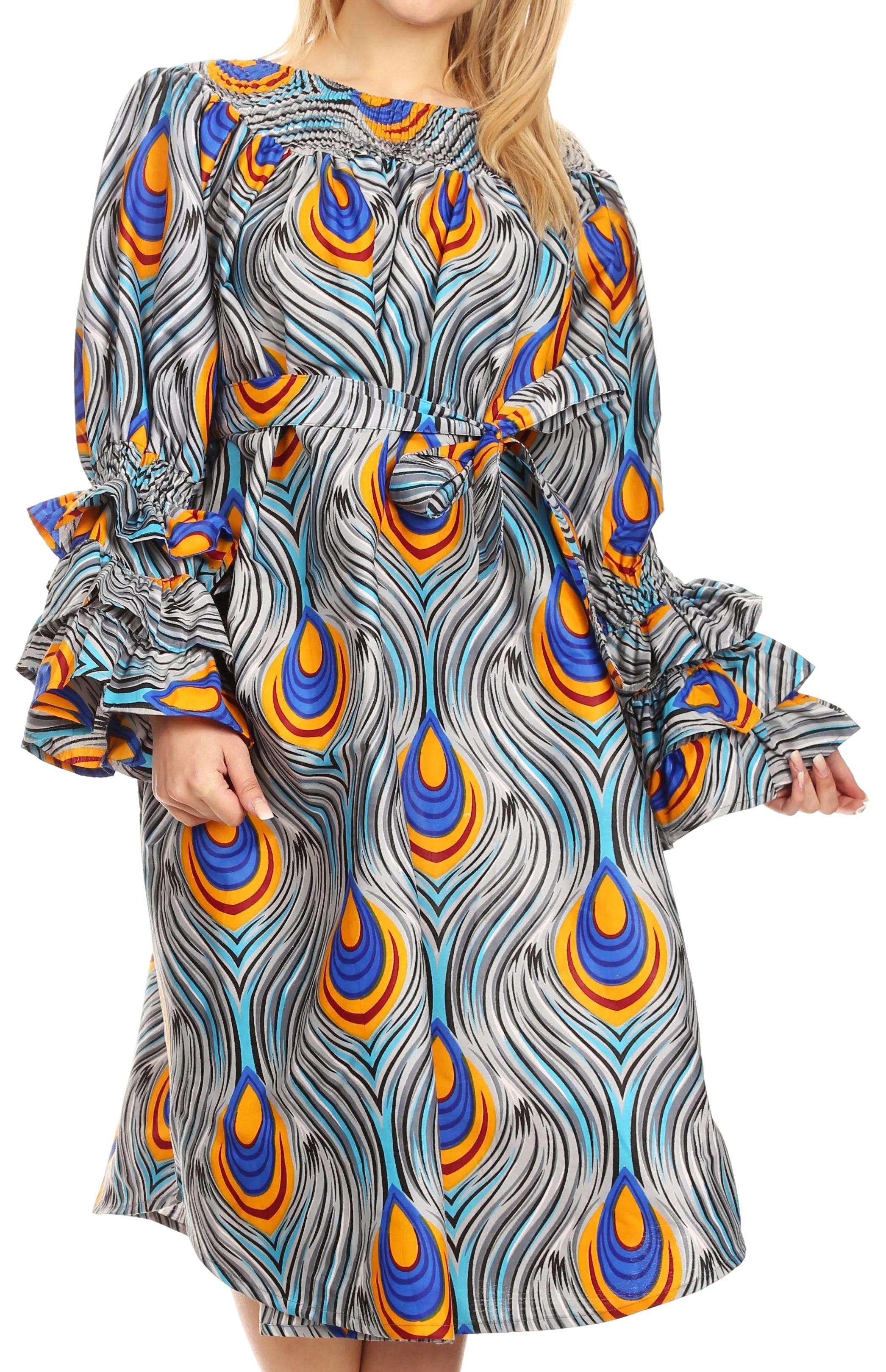 Sakkas Marta Women's Long Sleeve Off Shoulder Cocktail African Dashiki Midi Dress