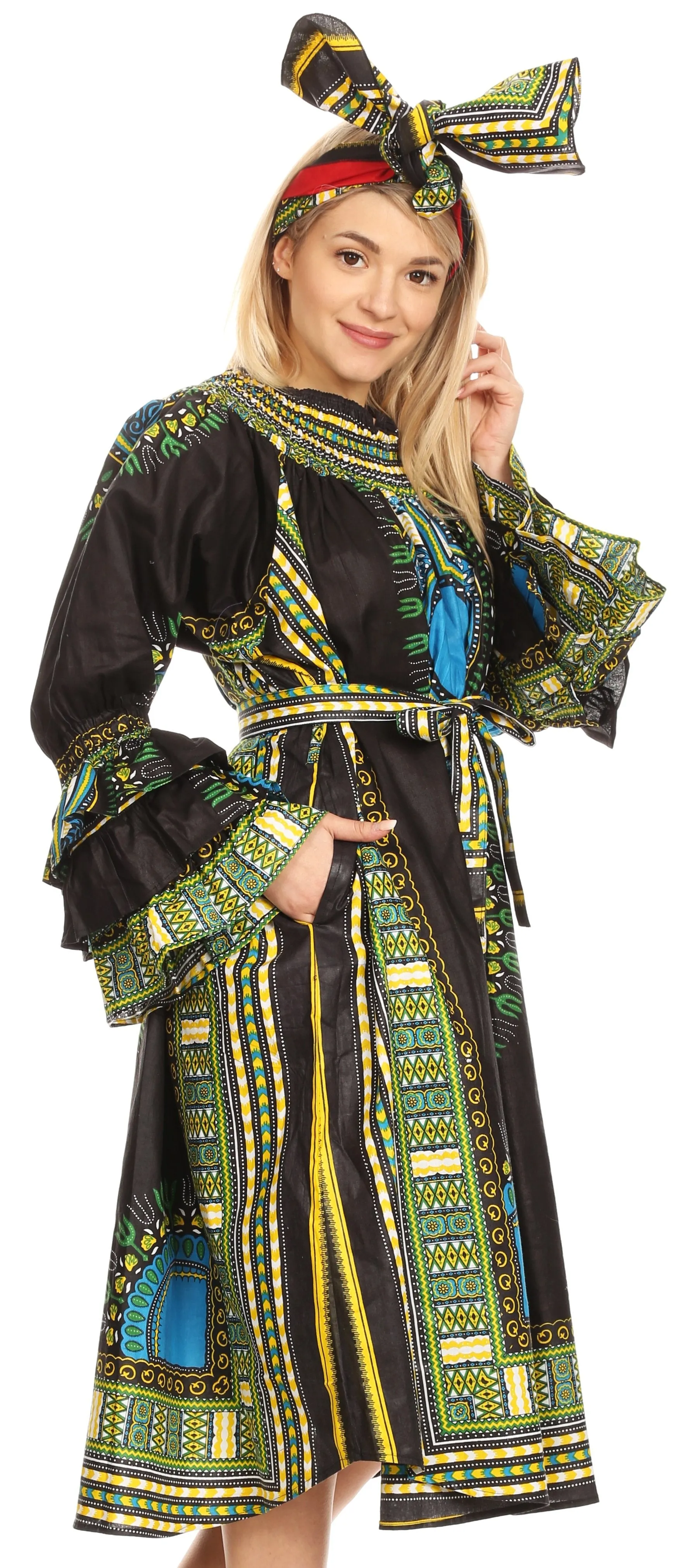 Sakkas Marta Women's Long Sleeve Off Shoulder Cocktail African Dashiki Midi Dress