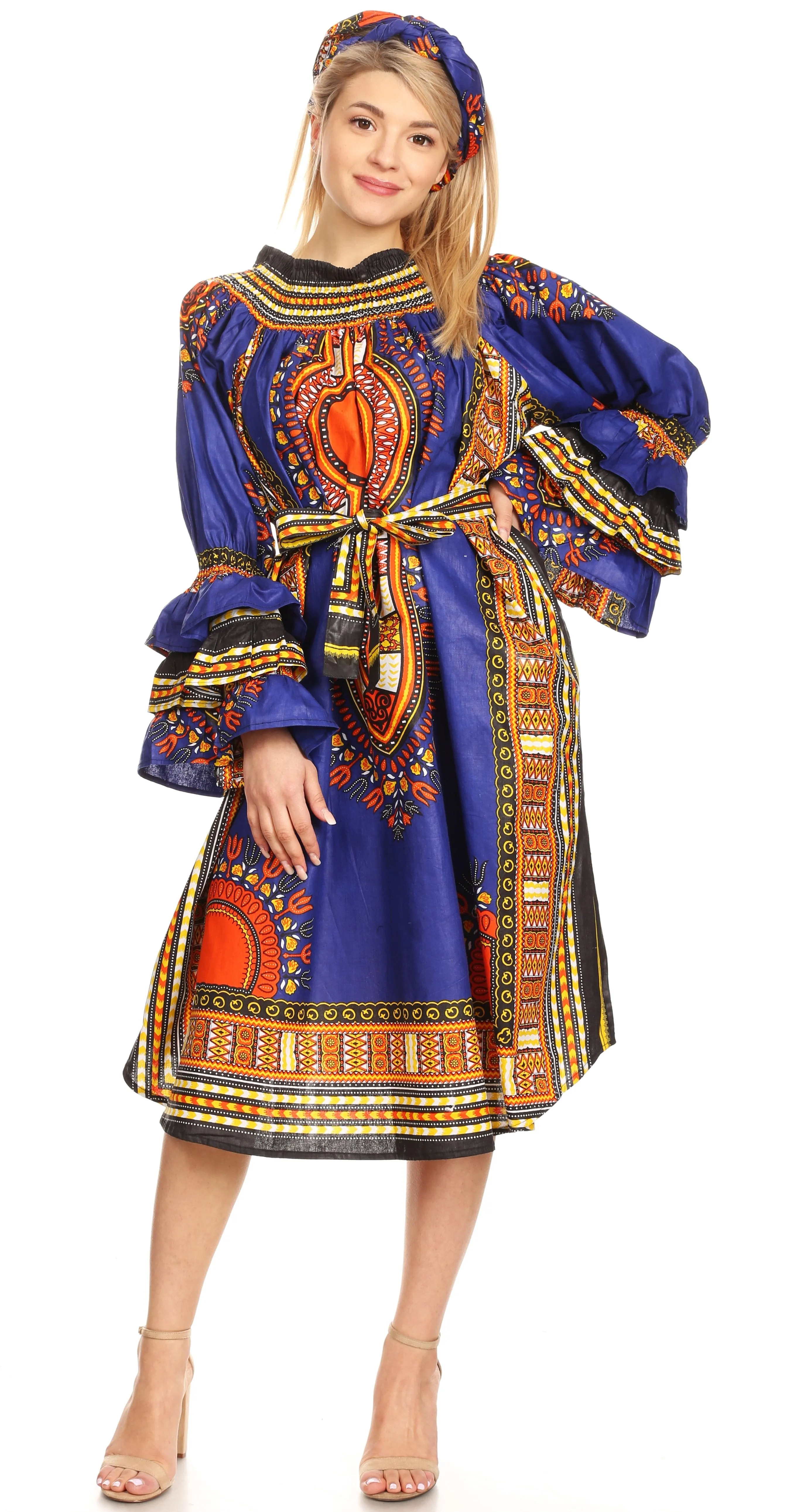 Sakkas Marta Women's Long Sleeve Off Shoulder Cocktail African Dashiki Midi Dress