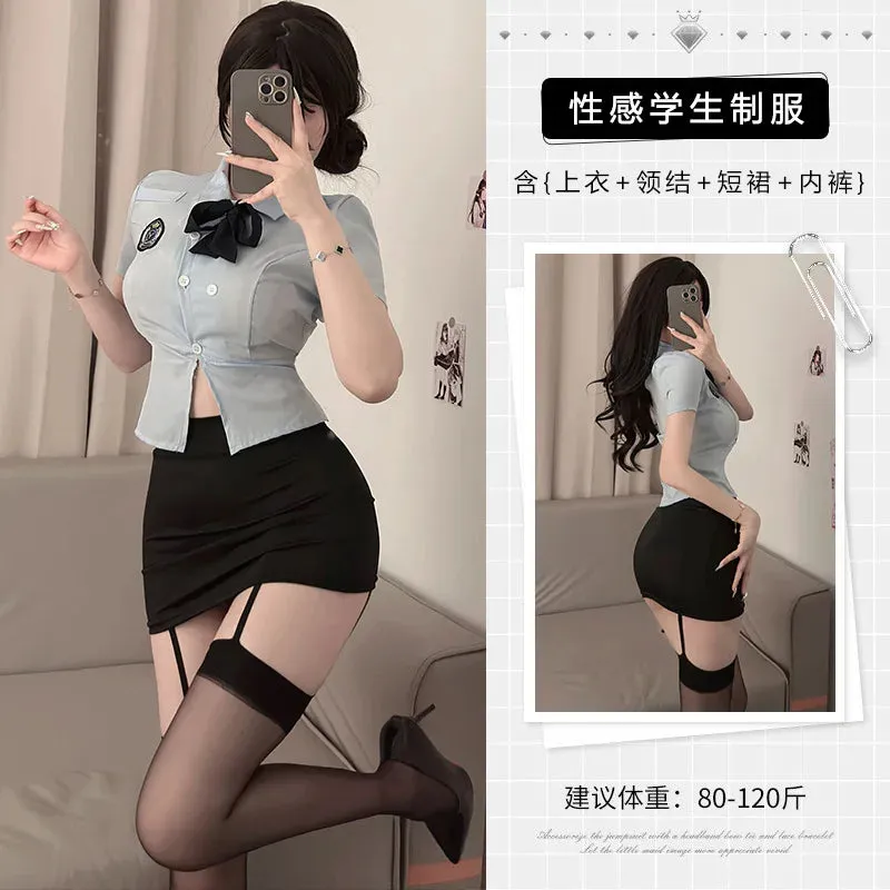 Sexy Female  Officer Professional Suit Role-playing Student Tight Fitting Short Sleeve Wrap Buttocks Skirt  Two Piece Set XYY9