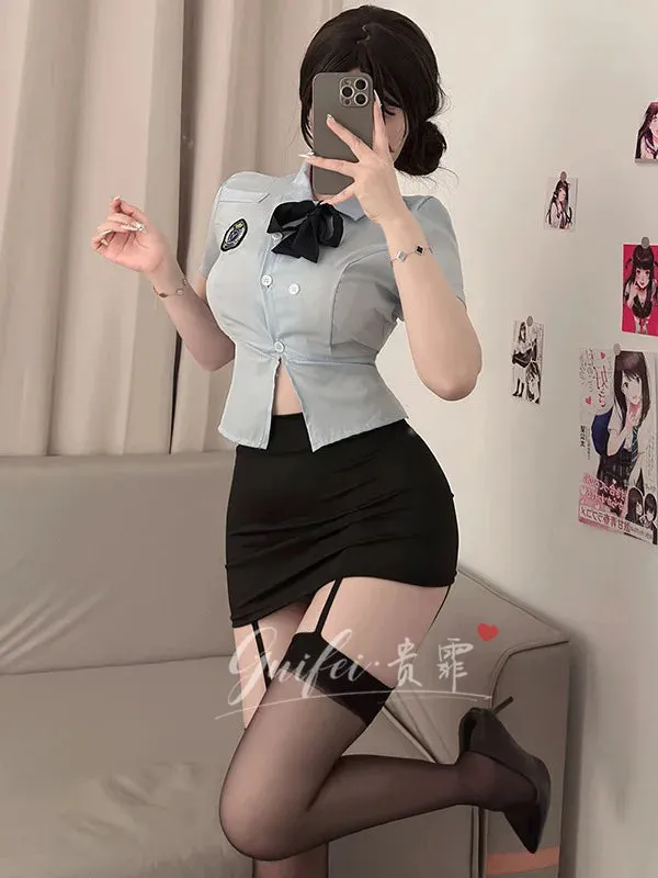 Sexy Female  Officer Professional Suit Role-playing Student Tight Fitting Short Sleeve Wrap Buttocks Skirt  Two Piece Set XYY9