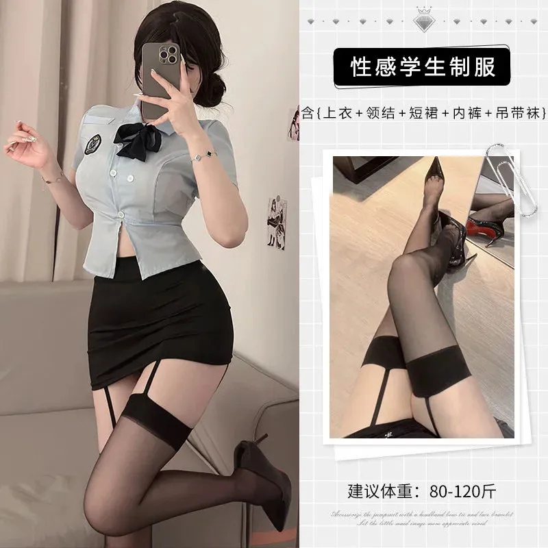 Sexy Female  Officer Professional Suit Role-playing Student Tight Fitting Short Sleeve Wrap Buttocks Skirt  Two Piece Set XYY9