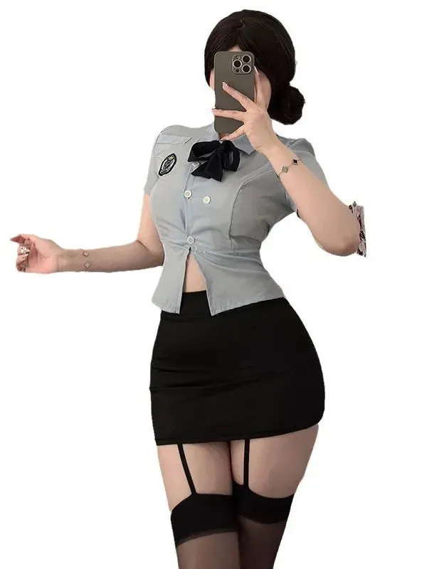 Sexy Female  Officer Professional Suit Role-playing Student Tight Fitting Short Sleeve Wrap Buttocks Skirt  Two Piece Set XYY9