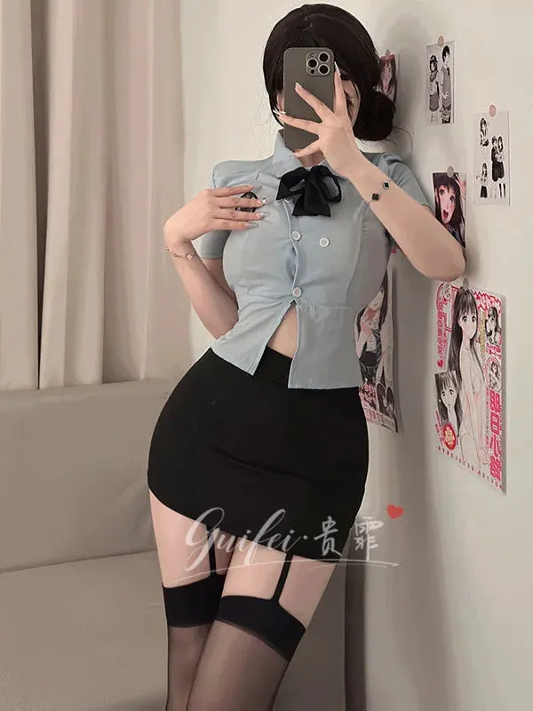 Sexy Female  Officer Professional Suit Role-playing Student Tight Fitting Short Sleeve Wrap Buttocks Skirt  Two Piece Set XYY9