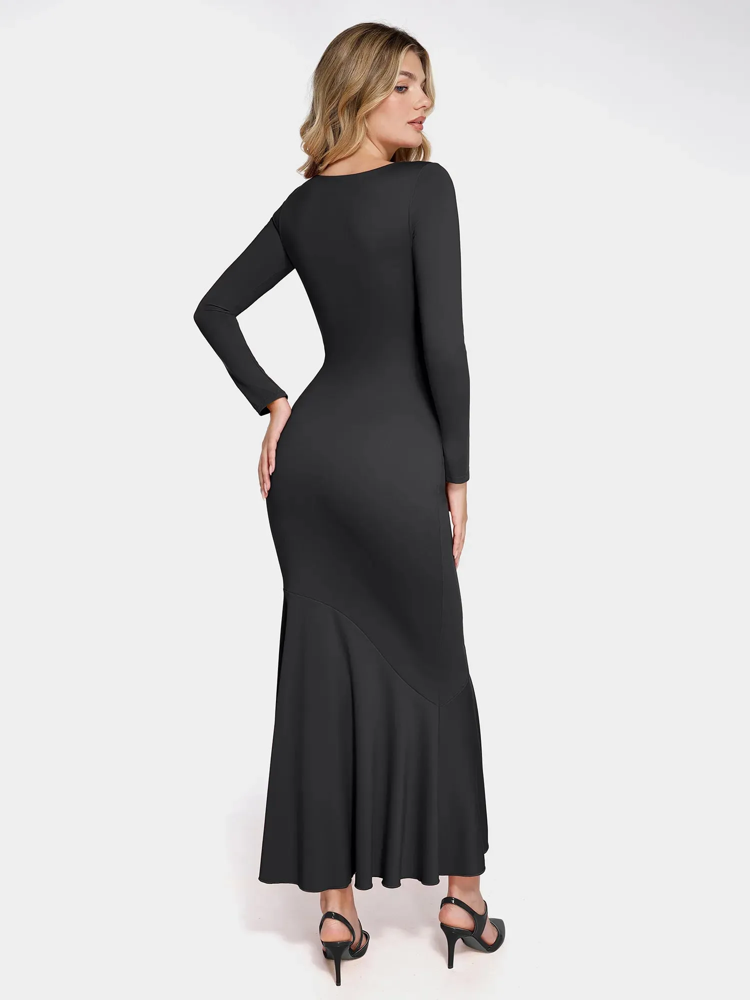 Shapewear Long Sleeve Lace Trim Sculpting Mermaid Maxi Dress