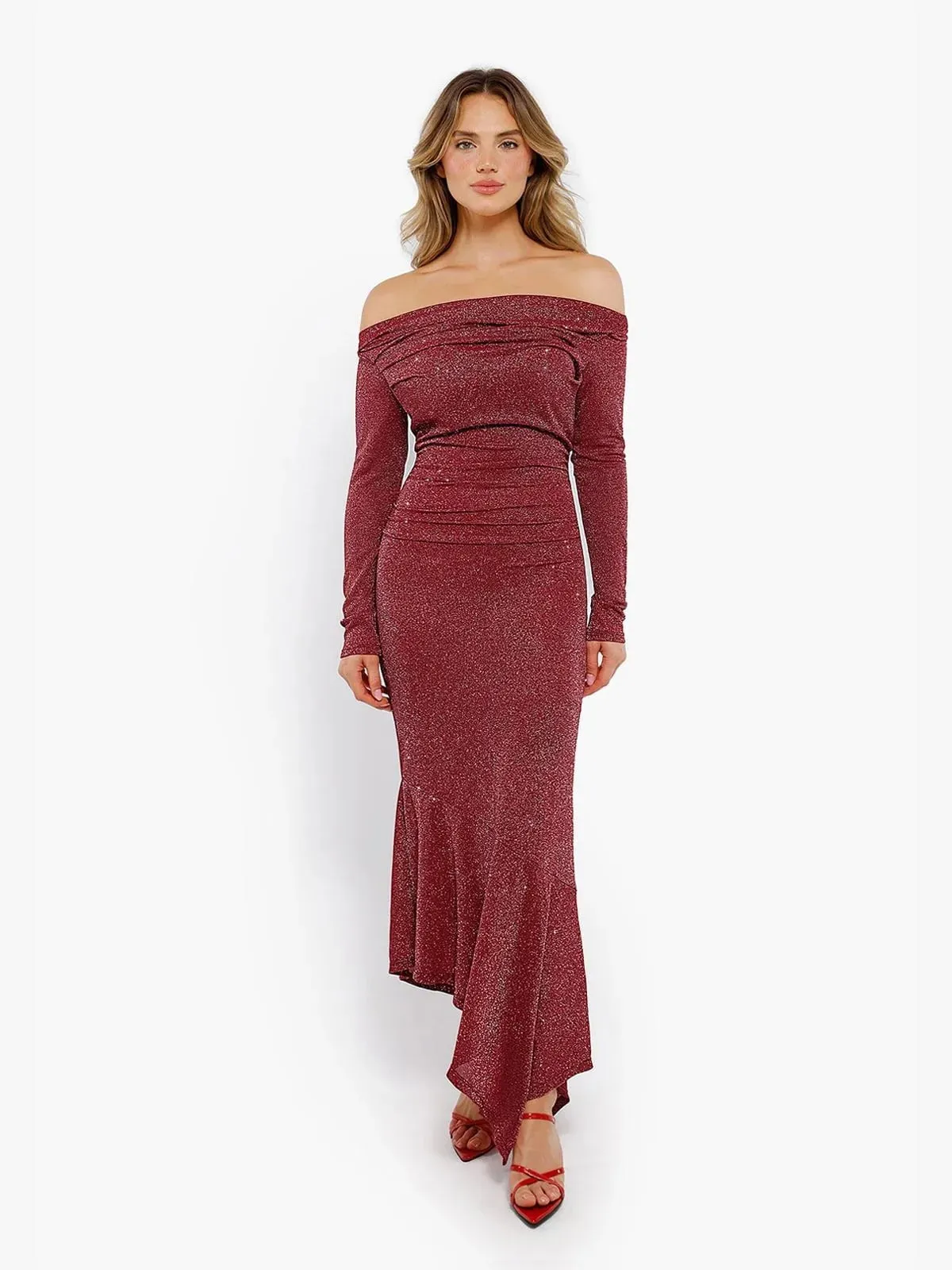 Shapewear Metallic Knit Long Sleeve Slim Mermaid Maxi Dress