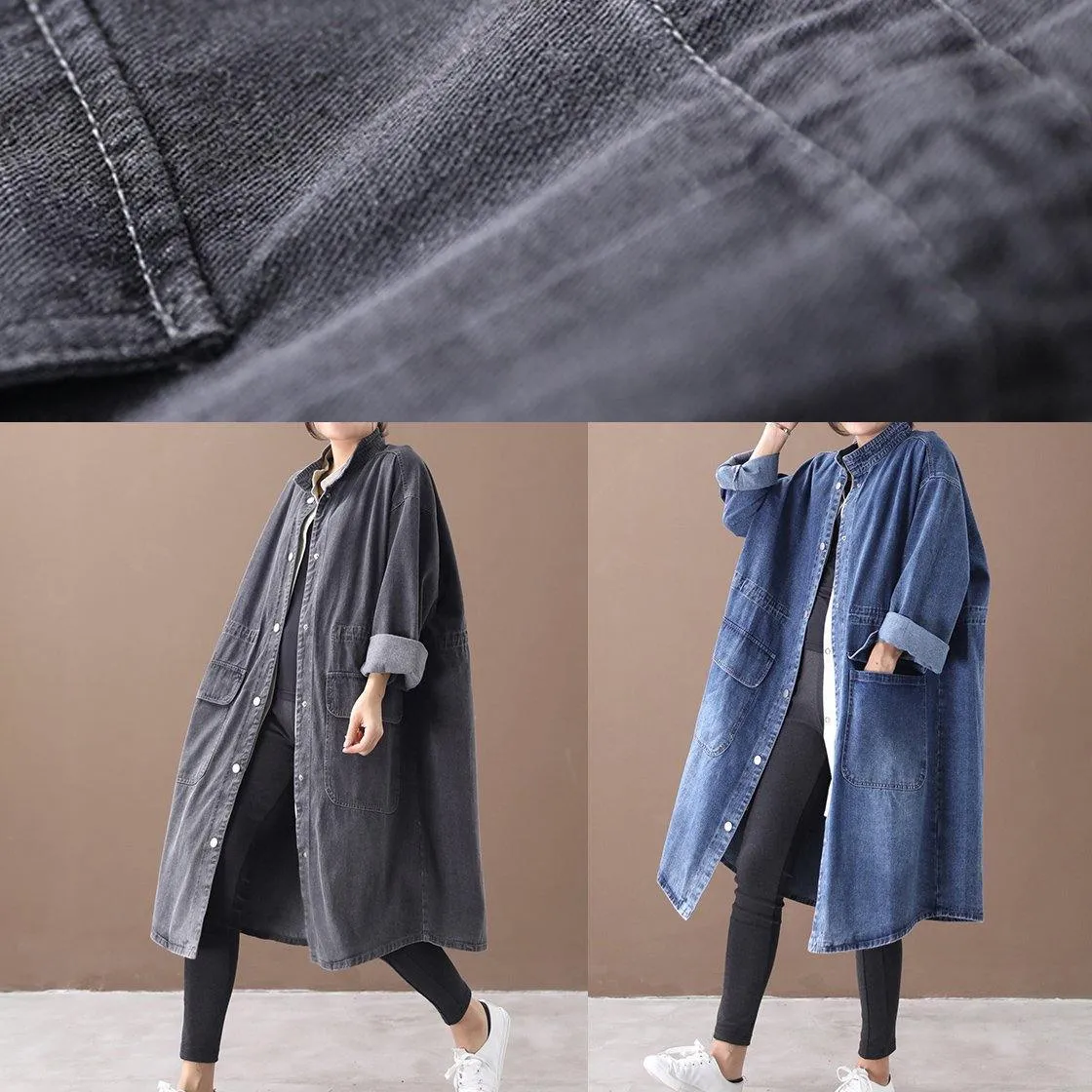 Simple stand collar drawstring Fashion tunic coat denim black Midi women coats