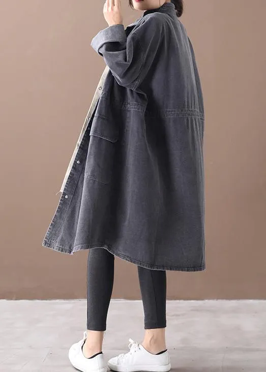 Simple stand collar drawstring Fashion tunic coat denim black Midi women coats