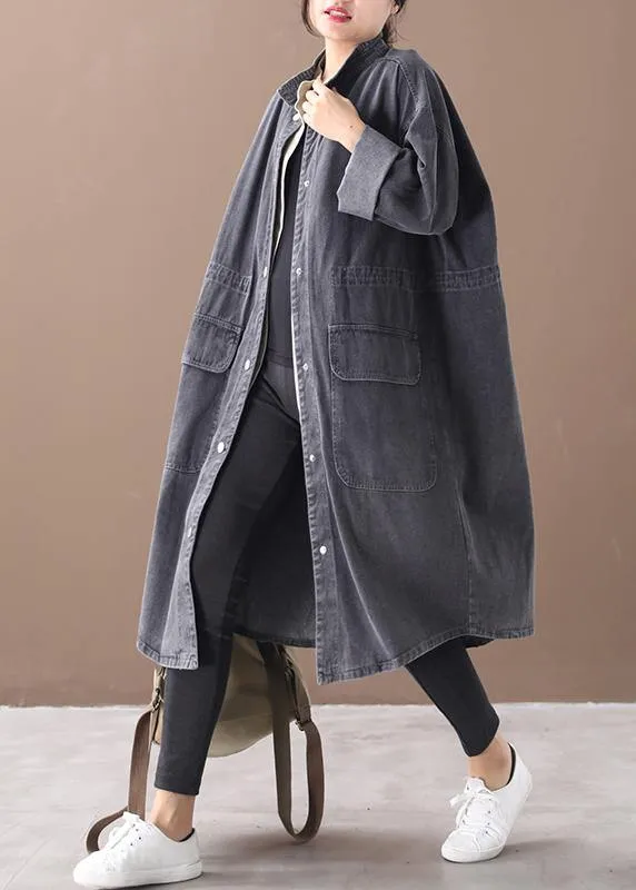 Simple stand collar drawstring Fashion tunic coat denim black Midi women coats