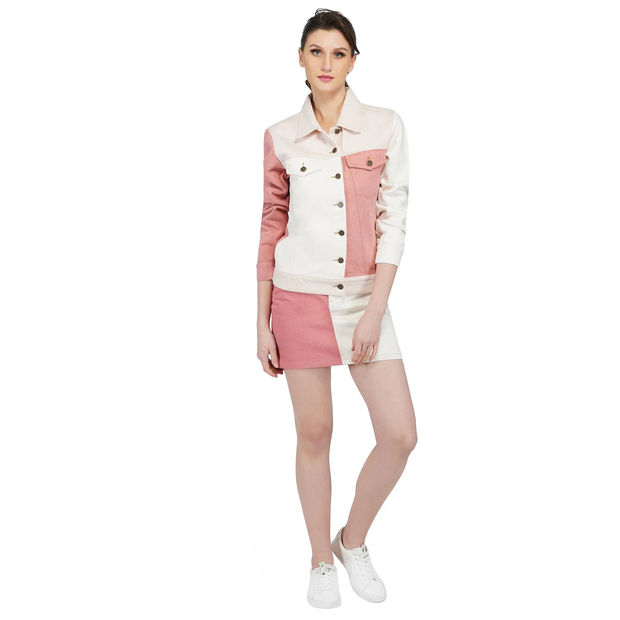 SLAY. Women's Pink & White Colorblock Denim Jacket & Skirt Co-ord Set