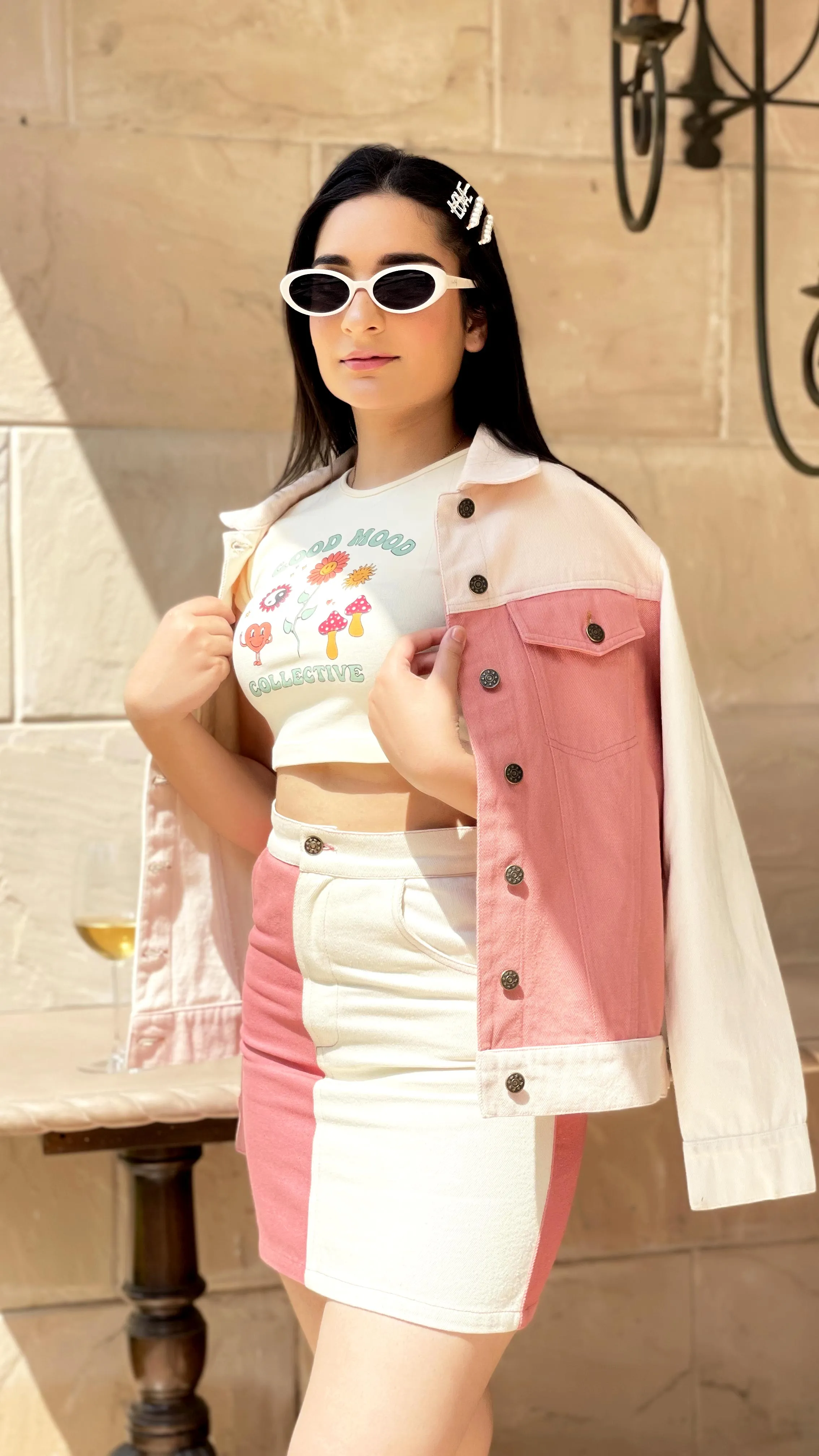 SLAY. Women's Pink & White Colorblock Denim Jacket & Skirt Co-ord Set