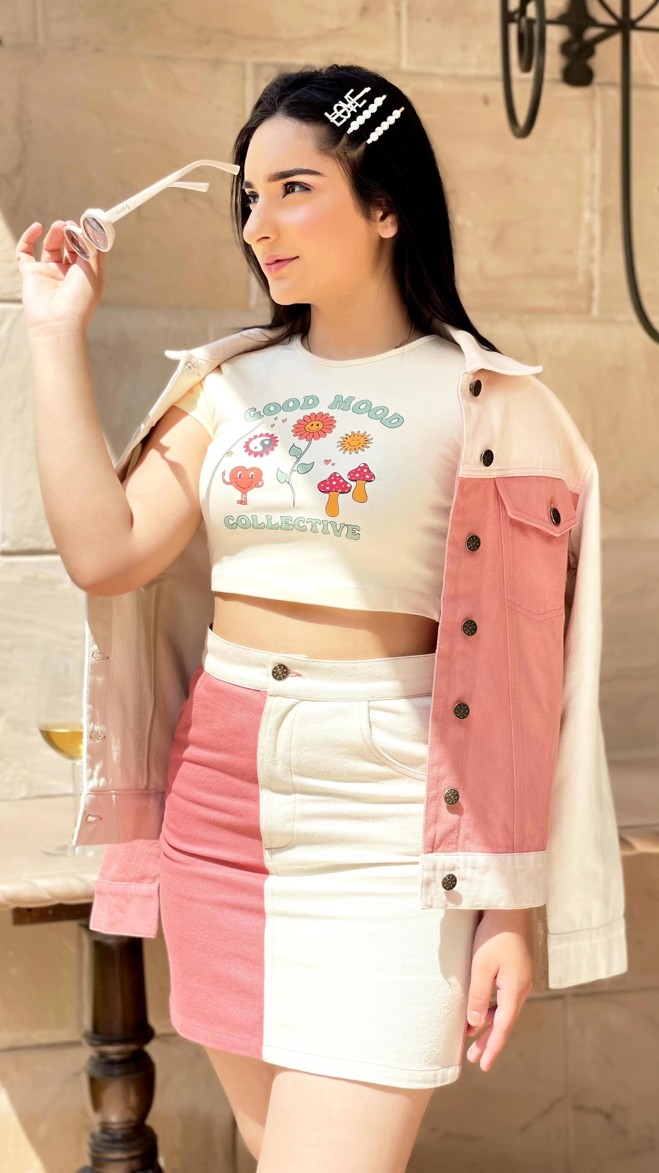 SLAY. Women's Pink & White Colorblock Denim Jacket & Skirt Co-ord Set