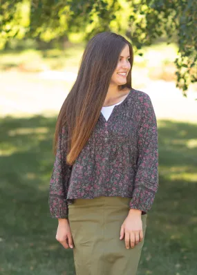 Smocked Bodice Floral Long Sleeve Top - FINAL SALE