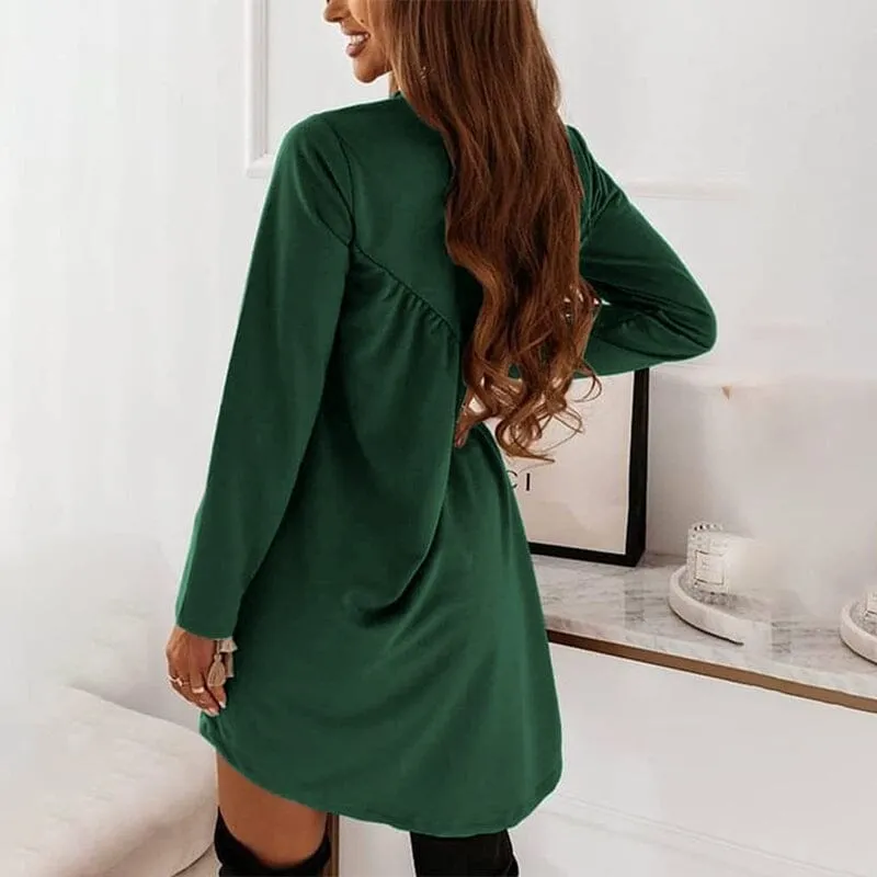 Solid Color Long Sleeved Irregular Crewneck Dress