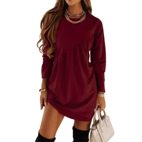 Solid Color Long Sleeved Irregular Crewneck Dress