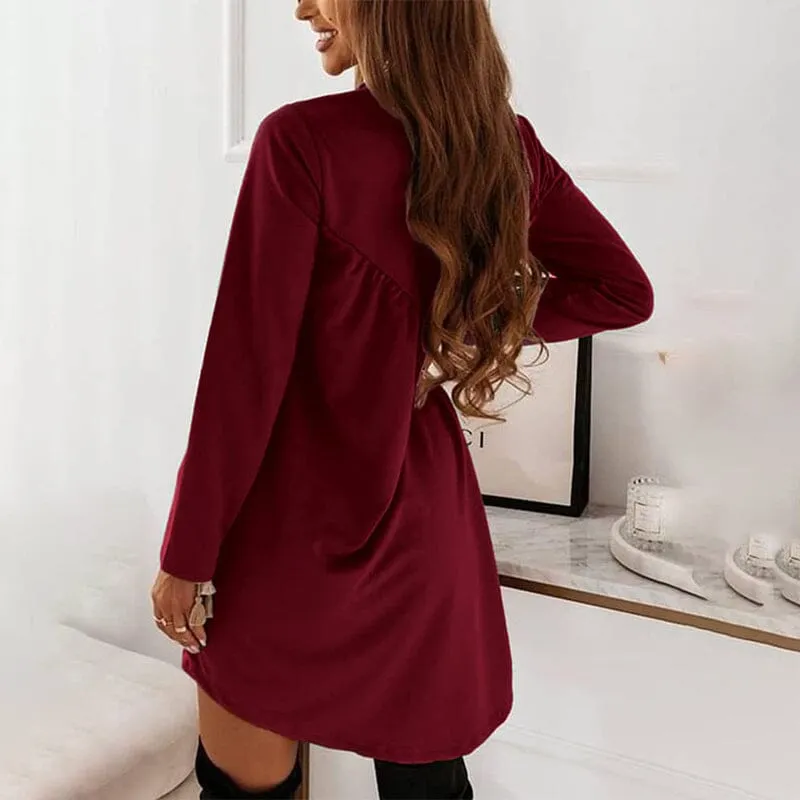 Solid Color Long Sleeved Irregular Crewneck Dress