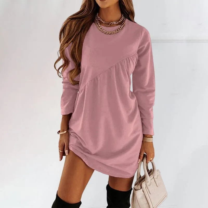 Solid Color Long Sleeved Irregular Crewneck Dress