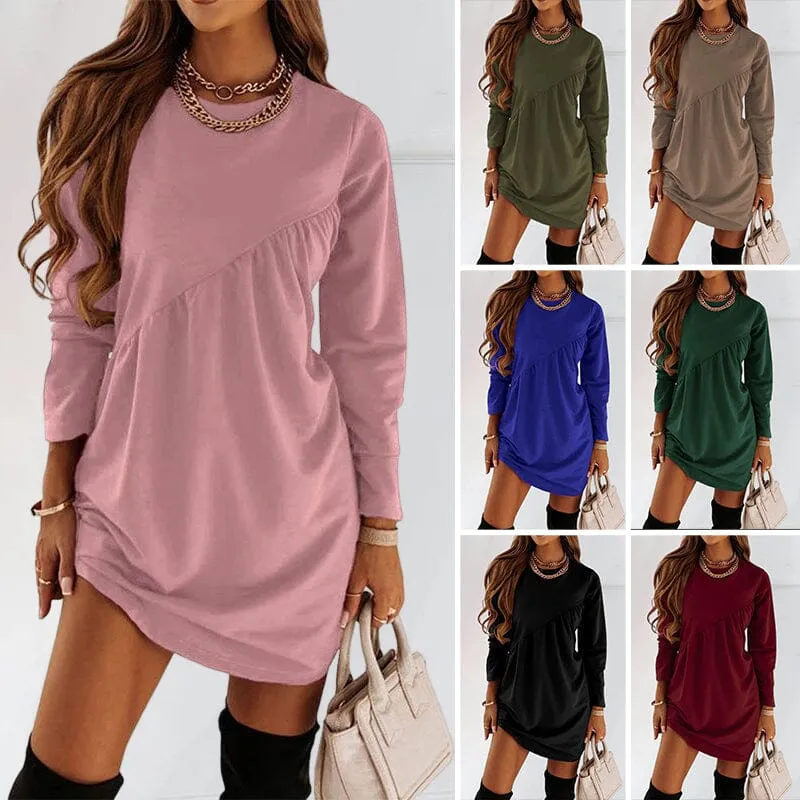 Solid Color Long Sleeved Irregular Crewneck Dress