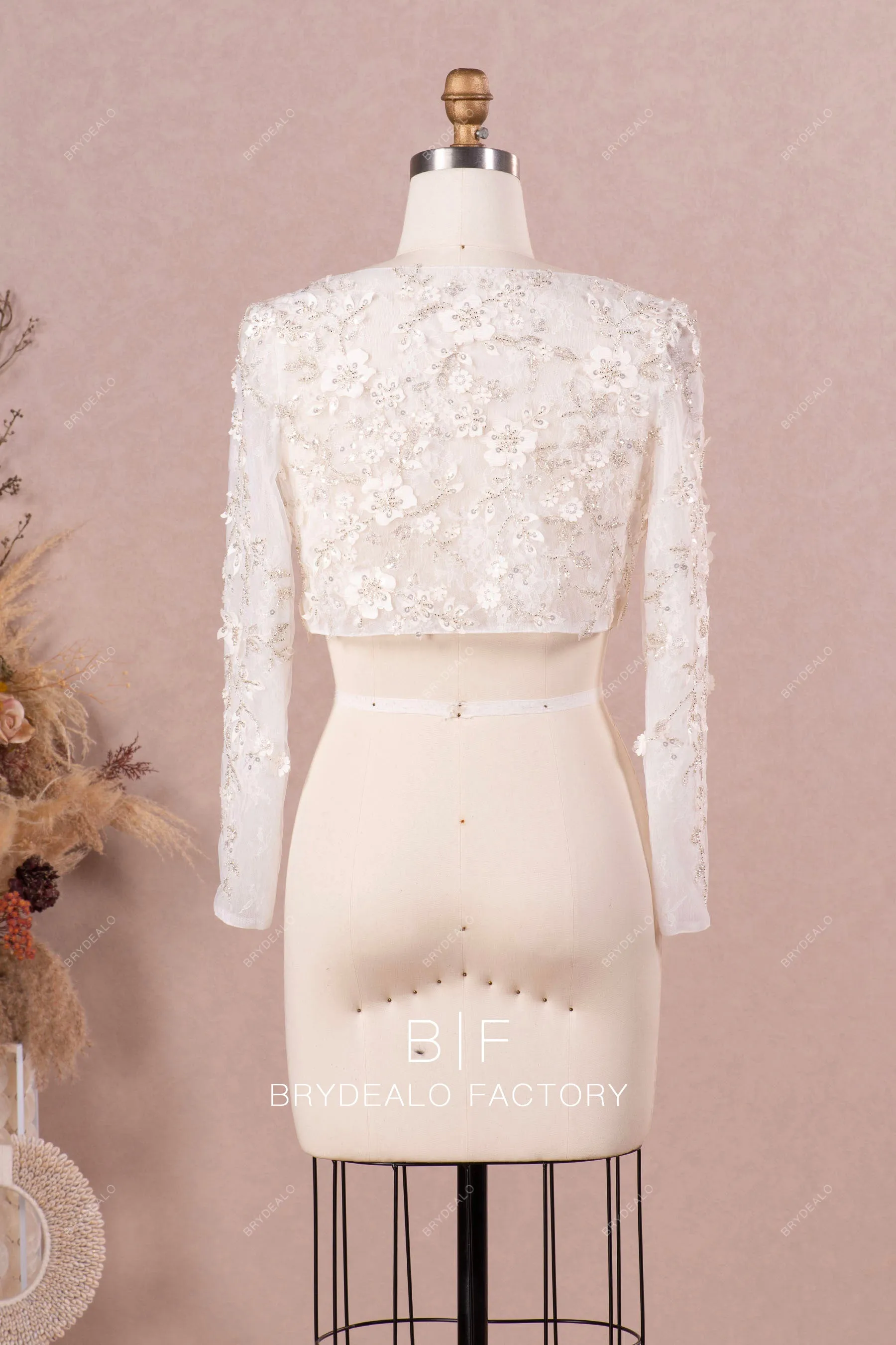 Sparkly Flower Lace Long Sleeve Bridal Bolero Wedding Cape