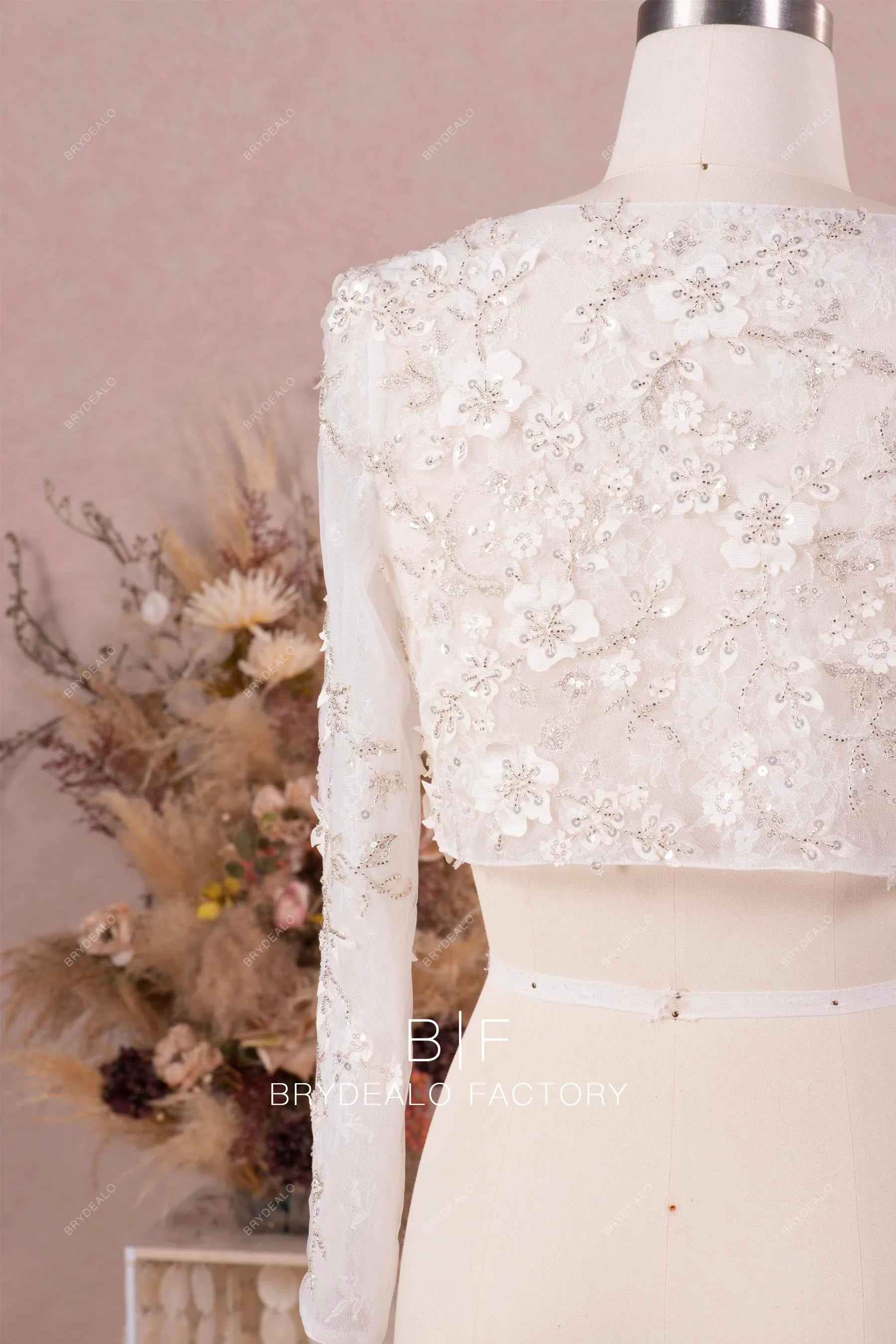 Sparkly Flower Lace Long Sleeve Bridal Bolero Wedding Cape