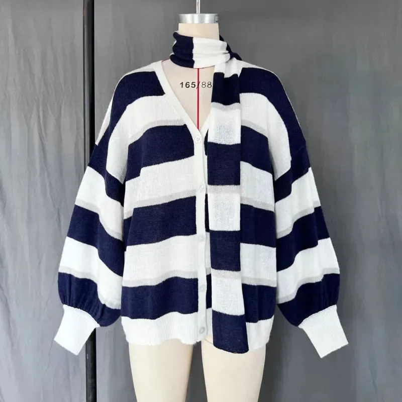 TAVIMART  -  Striped Knit Sweater Cardigan With Scarf Women Casual V Neck Lantern Sleeve Coat Autumn Chic Contrast Lady Fashion Knitwear