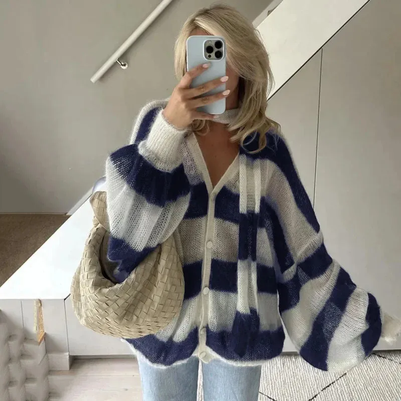 TAVIMART  -  Striped Knit Sweater Cardigan With Scarf Women Casual V Neck Lantern Sleeve Coat Autumn Chic Contrast Lady Fashion Knitwear