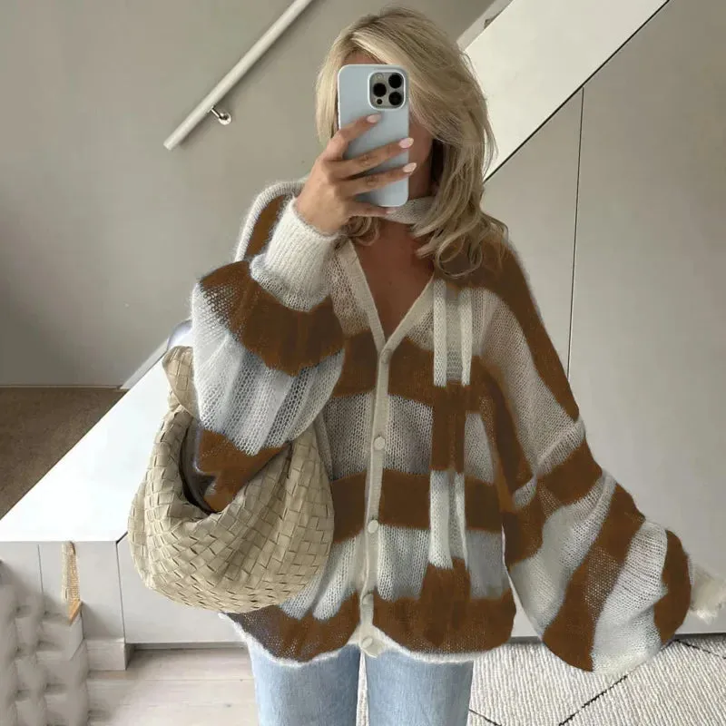 TAVIMART  -  Striped Knit Sweater Cardigan With Scarf Women Casual V Neck Lantern Sleeve Coat Autumn Chic Contrast Lady Fashion Knitwear