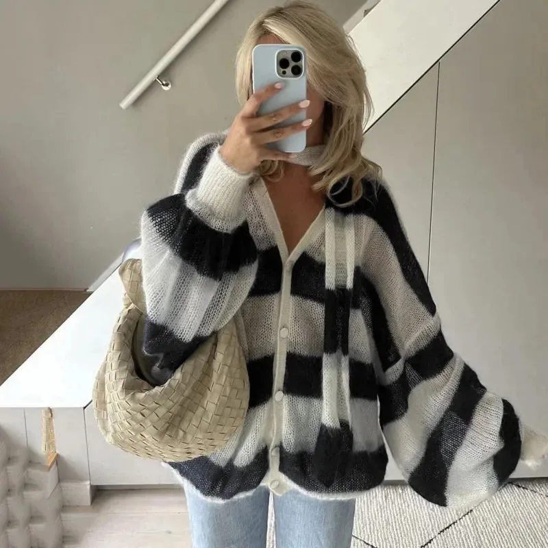 TAVIMART  -  Striped Knit Sweater Cardigan With Scarf Women Casual V Neck Lantern Sleeve Coat Autumn Chic Contrast Lady Fashion Knitwear