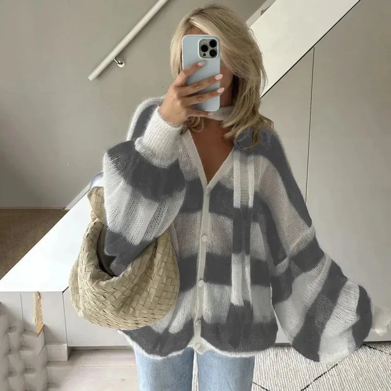 TAVIMART  -  Striped Knit Sweater Cardigan With Scarf Women Casual V Neck Lantern Sleeve Coat Autumn Chic Contrast Lady Fashion Knitwear