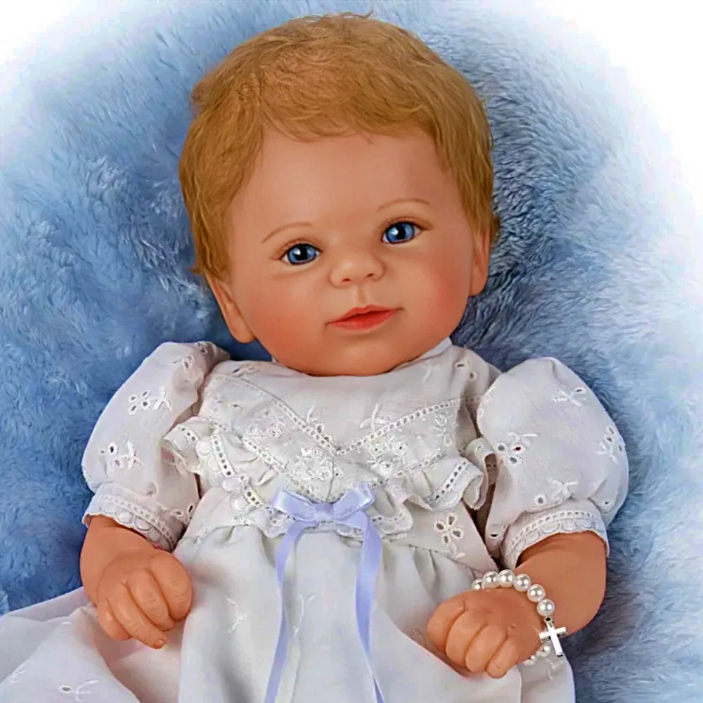 The Ashton-Drake Galleries Child of God Baby Doll RealTouch Vinyl Hand-Rooted Hair White Lace Dress Cross Bracelet Collectible Doll by Master Doll Artist Violet Parker 17 -inches