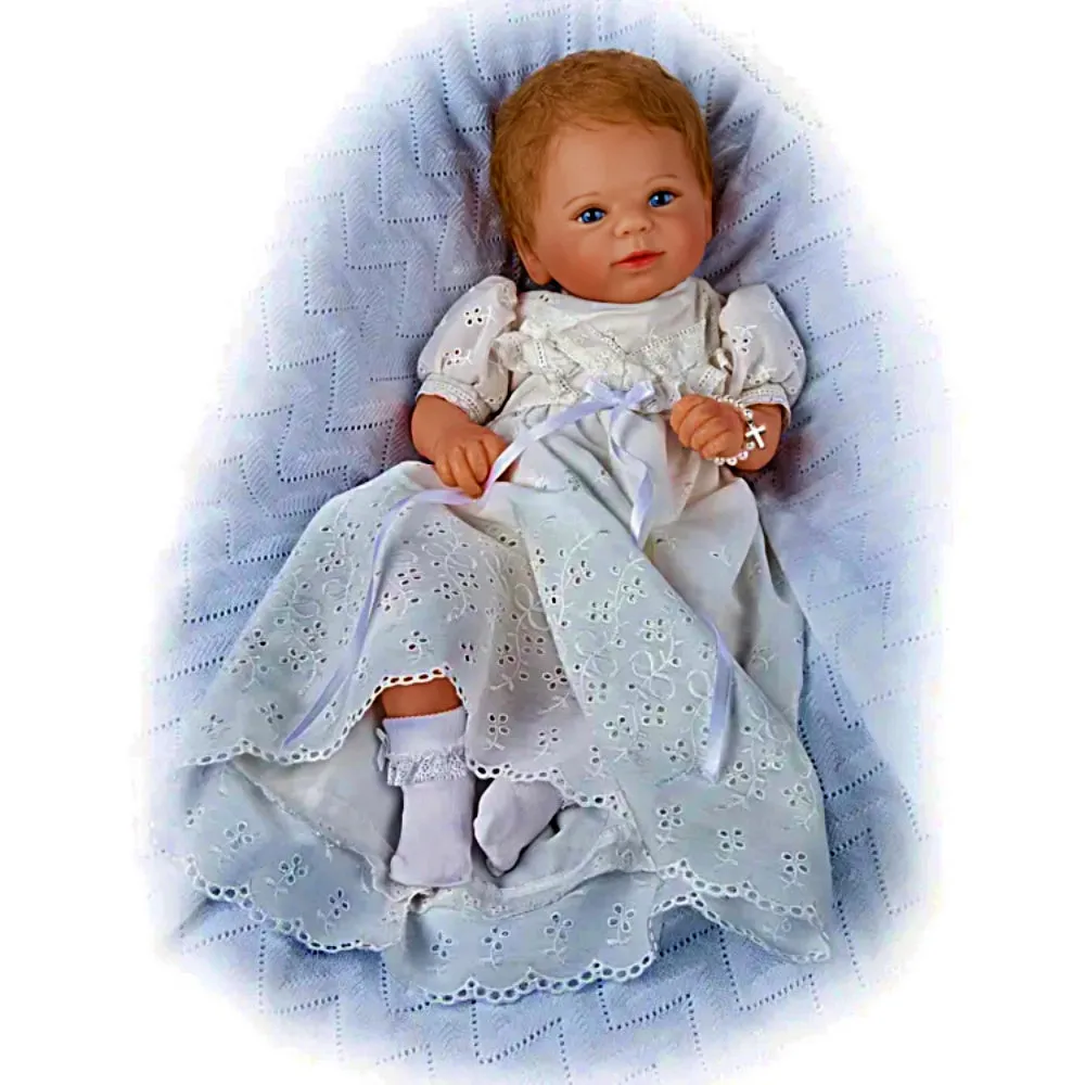 The Ashton-Drake Galleries Child of God Baby Doll RealTouch Vinyl Hand-Rooted Hair White Lace Dress Cross Bracelet Collectible Doll by Master Doll Artist Violet Parker 17 -inches