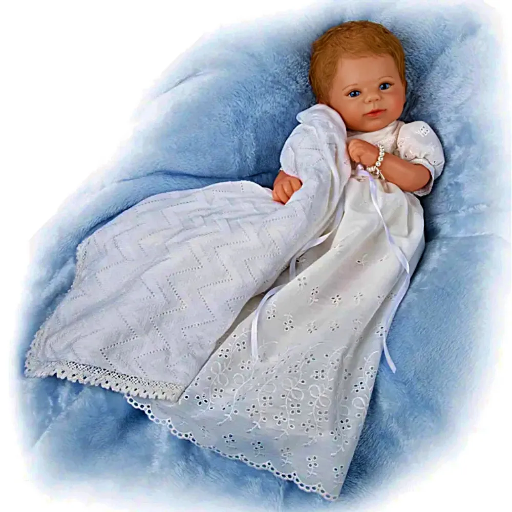 The Ashton-Drake Galleries Child of God Baby Doll RealTouch Vinyl Hand-Rooted Hair White Lace Dress Cross Bracelet Collectible Doll by Master Doll Artist Violet Parker 17 -inches