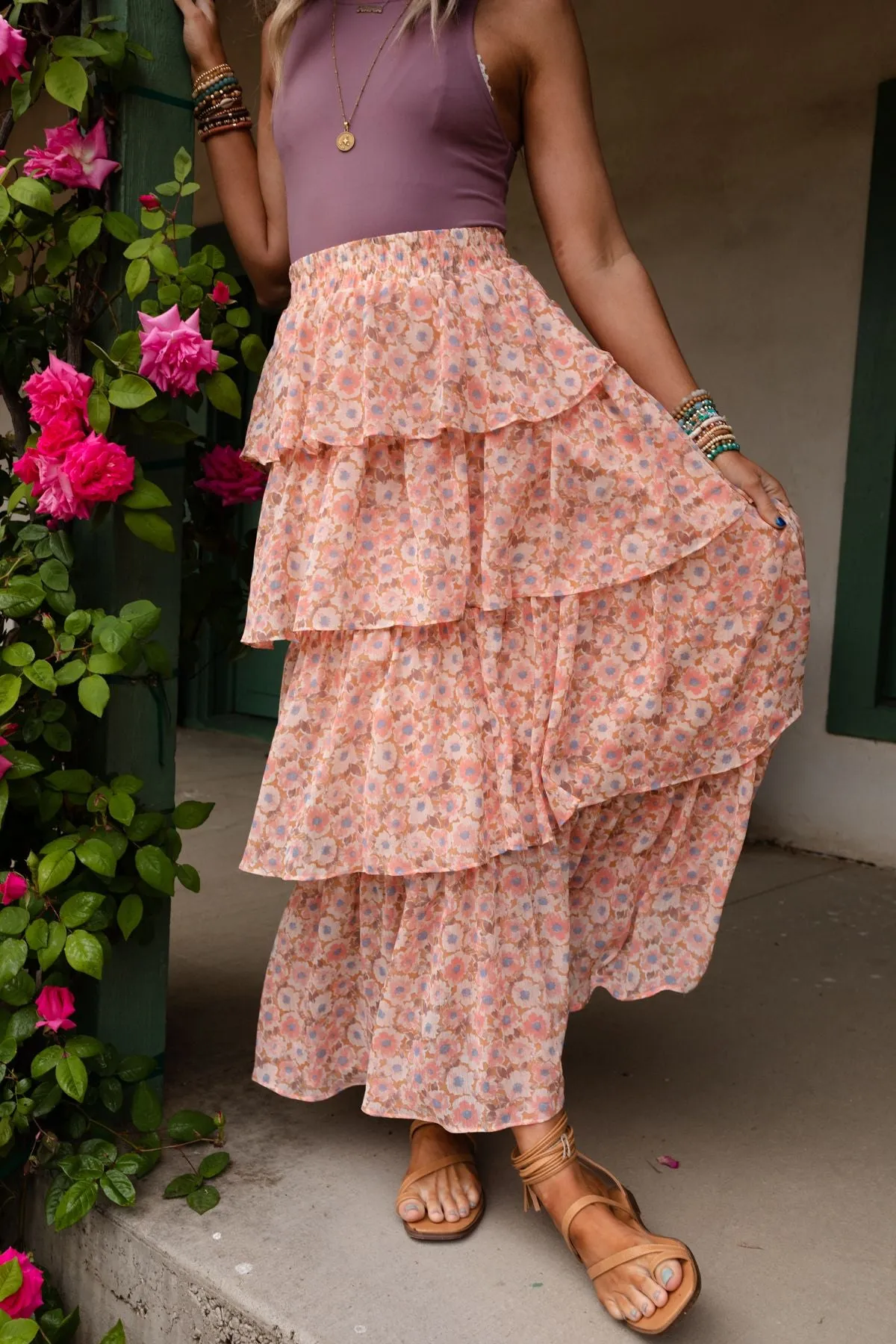 The Nest Tiers Of Joy Ruffle Maxi Skirt - Pink