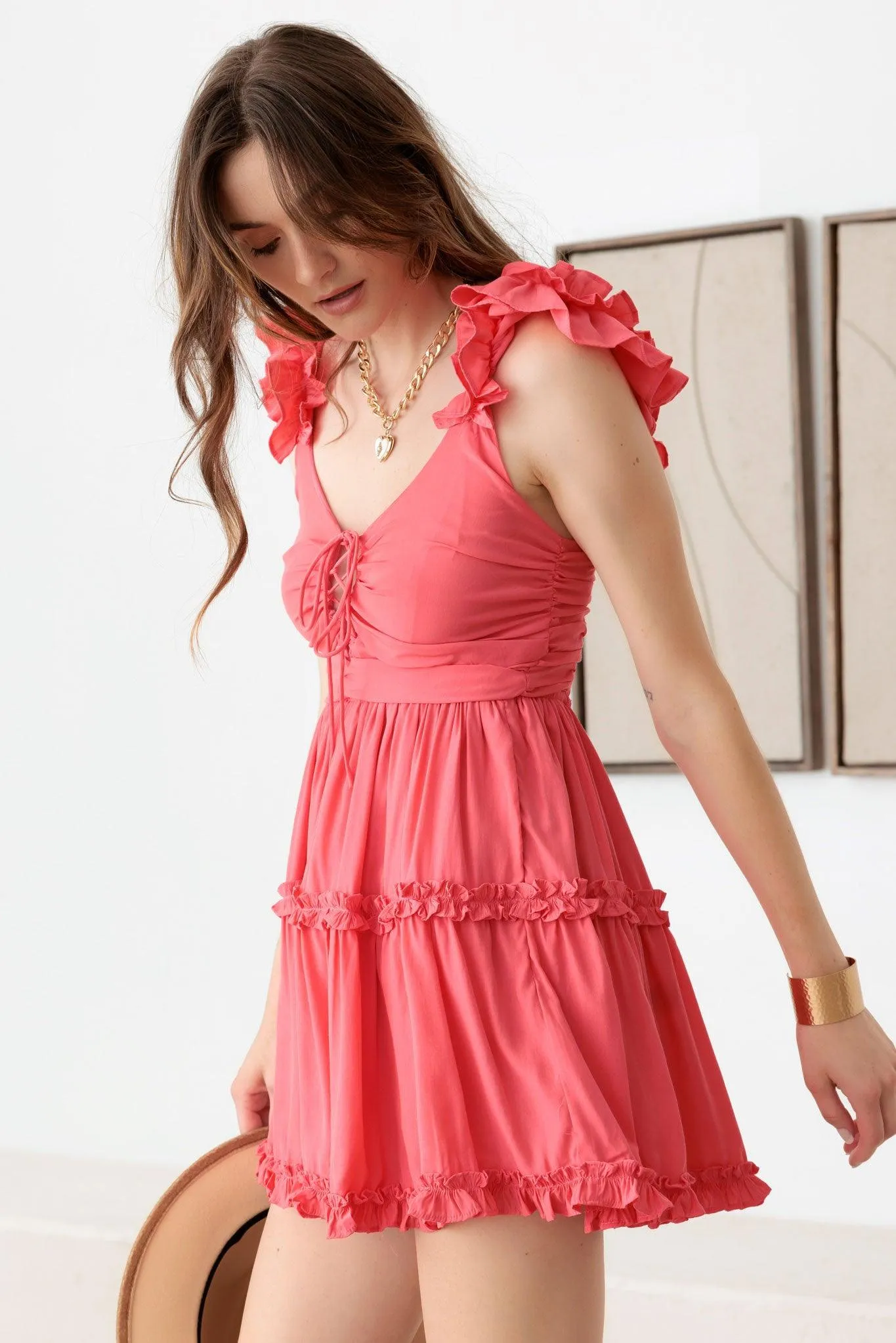 Tied Bust Ruffle Detail Tiered Mini Dress