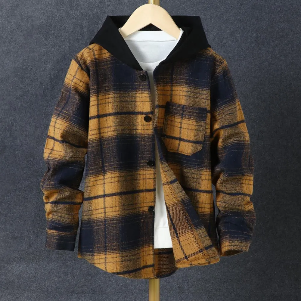 Toddler Boys Plaid Shirt Plaid Hooded Coat Shirt Wholesale Boys Clothes