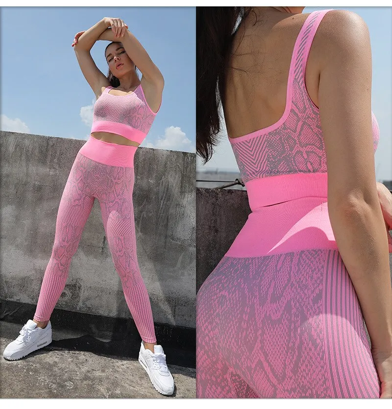 Two-piece Sexy Printed Snakeskin Sports Underwear Women's Gym Essential Hip-lifting Tights