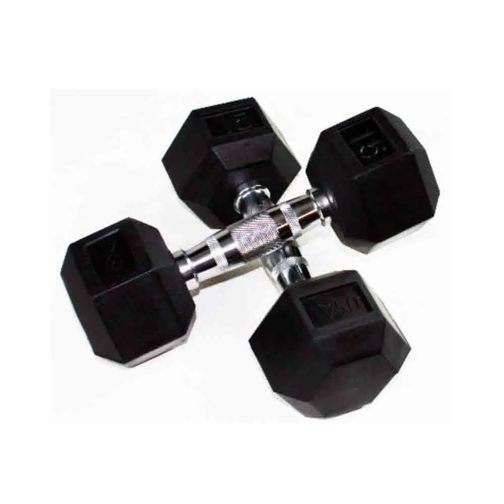 USA 3 lb to 50 lb 13-Pair Rubber Hex Dumbbells Set with Vertical Rack